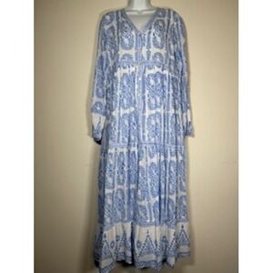 Vintage Ibiza Maxi Dress Blue White Block Print Tiered Resort Vacation Cotton M